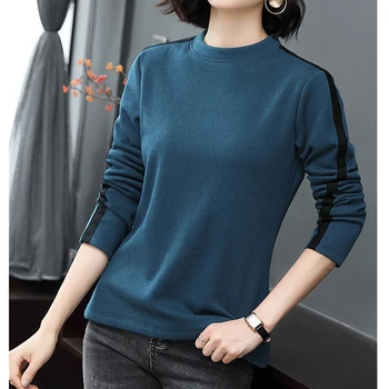 Uzun Kollu T Gömlek Kadın Gevşek O-boyun Casual Kadın Giyim Pamuk Tee Gömlek Femme 2022 İlkbahar Sonbahar Mavi Camisetas De Mujer