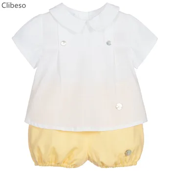 Ispanyolca Erkek Bebek Giysileri Set 2023 Yaz Çocuk Bebek Kıyafetleri Vaftiz Doğum Günü Giyim Takım Elbise Toddler Beyaz Gömlek Sarı Şort