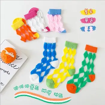 1-8Year 3Pairs 2021 yaz ince renk eşleştirme eşkenar dörtgen nefes örgü çocuk çorapları