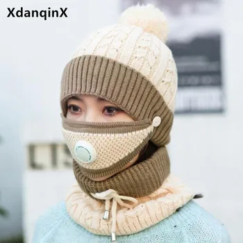XdanqinX Yenilik Kış Kadın Şapka Sıcak Maskesi Plus Kadife Soğuk geçirmez Yeni Kadın Kalınlaşmış Yün Kap Şapka İle Örme Şapka Beanies 