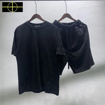 Yüksek Kaliteli Set Soluk Siyah T-Shirt Erkekler Kadınlar Büyük Boy Pusula Yama Nakış Pamuk Rahat T Shirt Şort