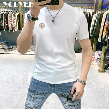 Yazlık t-shirt erkek Sadelik Nakış V Logo Beyaz Tees Merserize Pamuk O-boyun Ince Kişiselleştirilmiş Erkek Üst Giyim M-6XL