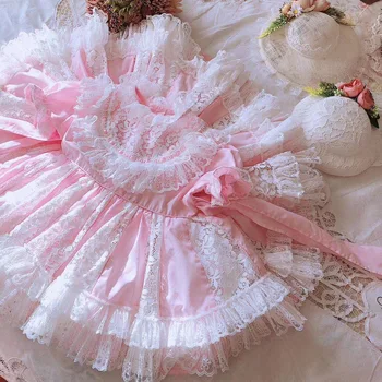 Bebek Kız Yaz Pembe Dantel Saray Vintage İspanyolca Türk Prenses Lolita Balo Elbise Doğum Günü Bayram Düğün