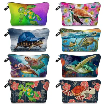 Güzel Bayanlar deniz Kaplumbağası seyahat kozmetik çantaları ısı transferi Makyaj çantalar depolama çantası kalemler silgi kadın kozmetik çantaları Makyaj