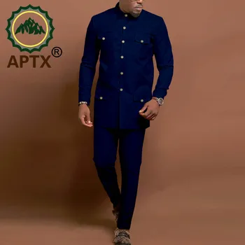 Afrika Geleneksel erkek Takım Elbise Uzun Kollu Tek Göğüslü Üst + Pantolon Slim Fit Parti Ofis 2 Parça Set A2216036