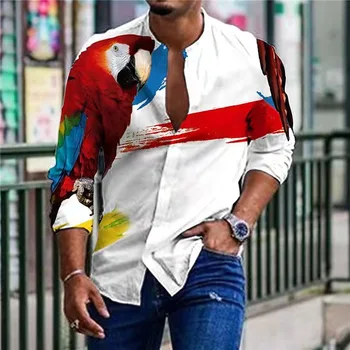 2022 Bahar Erkek Gömlek Baggy Papağan Kelebek Mürekkep Baskı Uzun Kollu Üst Hip Hop Vintage Gevşek Büyük Boy Gömlek Erkek Giysileri