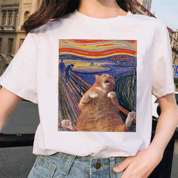 Van Gogh Kedi Kadın T Shirt Sanat Yağlıboya Kafes Baskı Yeni Sevimli Kadın günlük t-shirt Harajuku Tshirt Komik Tees Tops Grunge