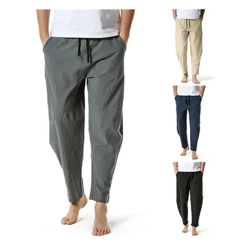 Pamuk keten yazlık pantolonlar erkekler Gevşek rahat hafif japon streetwear Elastik bel joggers erkekler Yoga Pantolon Ev