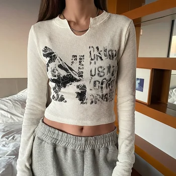 Kadın Örme Kırpma Üst Vintage Estetik Mektup Baskılı Uzun Kollu T-Shirt Seksi Slim Fit Tee Tops Y2K Kore Şık Streetwear