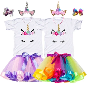 Unicorn Kız giyim setleri Gökkuşağı Prenses Tutu Elbise Ve Pamuk T Gömlek Kızlar Parti Takım Elbise Toddler Bebek Çocuk Doğum Günü hediyesi