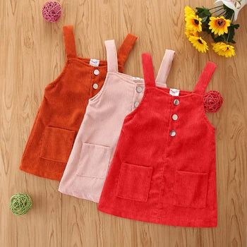1-6Y Rahat Kız Elbise Çocuklar Düz Renk OverallsSquare Yaka Askı Elbise Cepler ile Moda bebek kıyafetleri