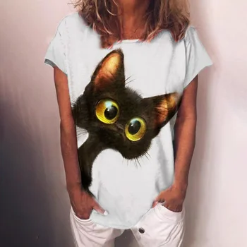 T Shirt Kadın Harajuku Üstleri Büyük Boy Bayanlar Kısa Kollu Soyut Boyalı Kedi O-Boyun Tee Moda Rahat T-shirt Camisetas