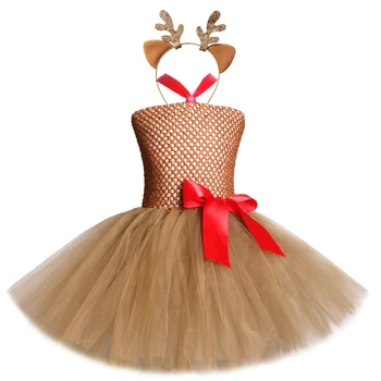 Bebek Kız Geyik Tutu Elbise Çocuklar için Cadılar Bayramı Noel Kostüm Çocuk Tül Kıyafet Kahverengi Ren Geyiği Prenses Elbiseler 1-12 yıl