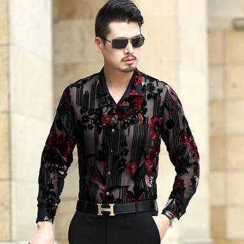 Erkek İçi Boş Çiçekler Gömlek Seksi Clubwear İpek Elbise Erkek Uzun Kollu Şeffaf Sosyal Gömlek