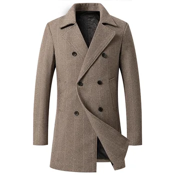 Erkek Klasik Çentikli Yaka Yün Trençkot Erkekler Yün Karışımı Üst Bezelye Ceket Kış Uzun Kruvaze Şık İş Palto