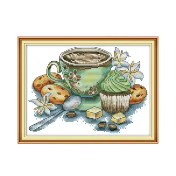 Çay fincanı ve kek 2 çapraz dikiş kiti aida 14ct 11ct sayısı baskı tuval dikiş nakış DIY el yapımı