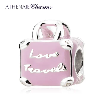 ATHENAIE 925 Ayar Gümüş Pembe Emaye Aşk Seyahat Çantası Charms Boncuk Charm Bilezik Takı Yapımı için
