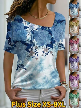 2022 Kadın Çiçek Tema Boyama T Shirt Chrysanth Çiçek Baskı V Boyun Temel Üstleri kısa kollu tişört XS-8XL / 3D Baskı