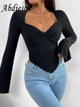 Abdieso 2022 V Boyun Dantelli Siyah Uzun Kollu T Shirt Kadın Seksi Tees Streetwear Sonbahar Sıska Temel Rahat Y2K Kırpılmış Üstleri