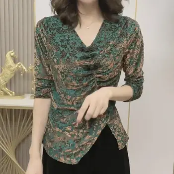 Kadın Giyim Bahar Sonbahar T-shirt V Yaka Kıvrımlar İnce Asimetrik Vintage Halk Uzun Kollu Düğme Baskılı Gidip Kazaklar
