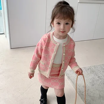 Toddler Kız Kış Tek göğüslü Kazak Örme Pembe Kazak + Kısa Etek 2 adet Kore Etek Bebek Bahar Sonbahar Çocuk Giysileri