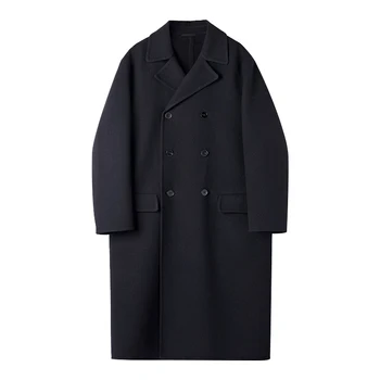 Japon klasik basit siyah kruvaze yün ceket erkek gevşek uzun yün ceket