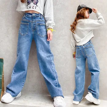 Geniş Bacak Kot Genç Kızlar İçin 12 13 14 15 16 Yıl Çocuk günlük pantolon Gevşek Kore Tarzı Yüksek Bel Büyük Çocuklar Kot Pantolon