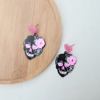 Akrilik Cadılar Bayramı Küpe Kafatası Gotik Pembe Çiçek Dangle Küpe Kadınlar için moda takı Harajuku Kalp Kolye Aksesuarları