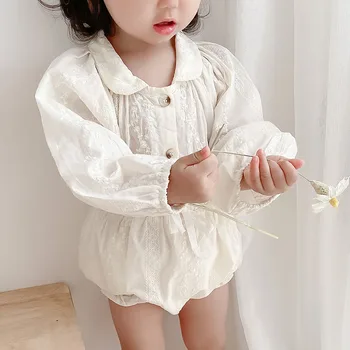 Kore Tarzı Bebek Bebek Kız Giysileri Takım Elbise Uzun Kollu Pamuklu İşlemeli Gömlek + PP Şort Bahar Sonbahar Bebek Kız Giysileri Seti