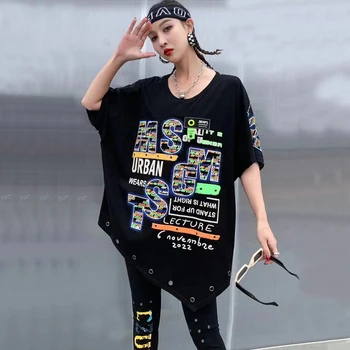 220368 Harajuku Tarzı yazlık t-shirt Yuvarlak Boyun Artı Boyutu Kısa Kollu Mektup Baskı Patchwork Kişilik Pamuk Kadın Giyim
