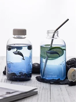 Degrade Mavi Balina Su kapaklı şişe Şeffaf Baskılı Su Şişesi 600ML Deniz Cam Estetik Su Taşınabilir Su Şişesi