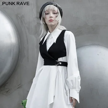 PUNK RAVE kadın Punk Tarzı Siyah Asimetrik Yaka Hollow Kısa Yelek Bel Seksi Yenilik Kız Elbise Yelek Tank Top