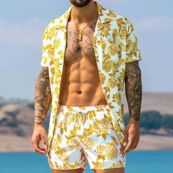Yaz Erkekler Hawaiian Setleri Gül Çiçek Baskı Kısa Kollu Düğme Gömlek plaj şortu Iki Set Rahat Tatil erkek 2 Parça Takım Elbise