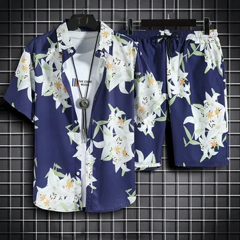 Erkek baskılı plaj takım elbise, iki parçalı, beş çeyrek pantolon, kısa kollu rahat gömlek, Hawaiian kısa kollu çiçek üst