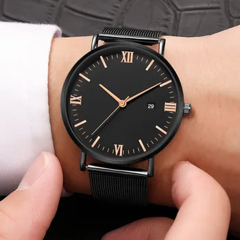 Ultra İnce siyah Lüks Moda Erkek Minimalist Saatler paslanmaz çelik tel örgü Bant İzle Erkekler İş Casual Analog Kuvars saat