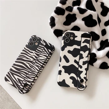 Zebra Leopar Süt Desen PU Deri Telefon Kılıfı İçin iPhone 14 13 12 11 Pro XS MAX X XR 8 Artı Kapak El Bandı Bilek Kayışı Kadın