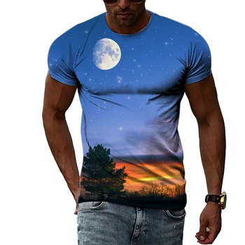 Ay Yıldızlı Gökyüzü Doğal Manzara T-Shirt Erkekler Rahat 3D Baskı HD desen Hip Hop Harajuku Kişilik Yuvarlak Boyun Tee Kısa Kollu