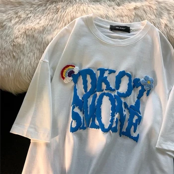 T-shirt kadın Gevşek Üst Mektup Baskı O-Boyun Kısa kollu Retro Rahat Tatlı Giyim Tshirt Parça Punk Vintage Goth Y2k