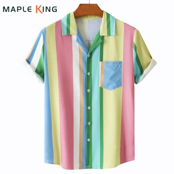 havai gömleği Erkekler Çizgili Gökkuşağı Renkli Baskılı Kısa Kollu Buz İpek Küba Yaka Gevşek Bluz Çift Elbise Streetwear