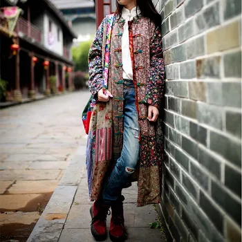 Ücretsiz Kargo Vintage Pamuk Keten Uzun Orta buzağı Ceket Kadın Çiçek Gevşek Çin Tarzı Giyim Uzun Kollu Patchwork Elbiseler