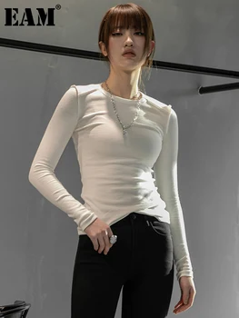 [EEM] Kadınlar Siyah Beyaz Ruffles Kat İnce günlük t-shirt Yeni Yuvarlak Boyun Uzun Kollu Moda Gelgit Bahar Sonbahar 2023 1DD6029