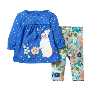 Küçük Maven Yeni Bahar Sonbahar Çocuklar O-Boyun Mavi Tavşan Çiçek Pamuk Örme Kızlar 2-7yrs Rahat Tam kollu Etek Setleri Pijama
