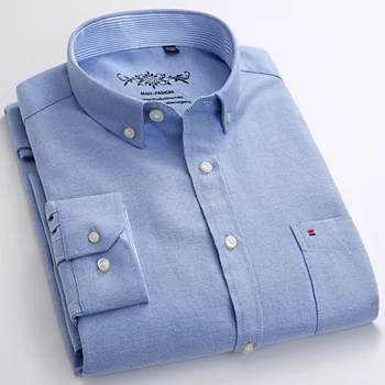 Erkek Uzun Kollu Oxford Ekose Çizgili Casual Gömlek Ön Yama Göğüs Cebi Düzenli fit Düğmeli Yaka Kalın İş Gömlekleri