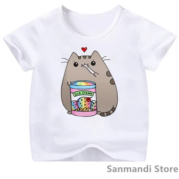Sevimli Kedi Yemek Dondurma Karikatür baskı t-shirt Kızlar İçin / Erkek Kawaii Çocuk Giysileri Harajuku Gömlek Yaz Moda Aşk T gömlek Tops