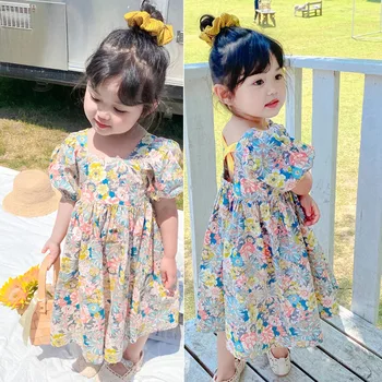 Yaz Kız Elbise Çiçek Baskı Kızların Kısa Kollu Elbise Prenses Pamuk Kız Geri Çapraz Rahat Parti Çocuk Giysileri