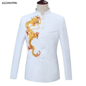 Altın Ejderha Nakış Beyaz Tunik Takım Elbise Ceket Çin Tarzı Standı Yaka Tek Göğüslü 2021 Yeni Erkek Pullu Düğün Ceket