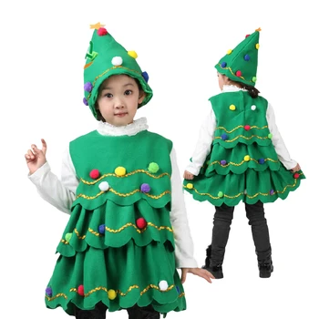 Küçük Kızlar Noel Elbise Yuvarlak Boyun Kolsuz Ponpon Ruffled Katmanlı evaze elbise Şapka Parti Noel Ağacı Cosplay Kostüm