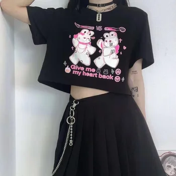 Y2k T Shirt Kadın 2021 Goth Tavşan Baskı Grafik T Shirt Yaz E Kız Punk Alt Elbise Estetik MİNGLİUSİLİ Kırpılmış Üst Mujer