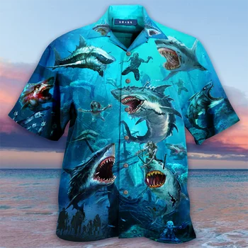 2022 Gevşek Nefes Hayvan Köpekbalığı Hawaii Gömlek erkek Gömlek 3d Moda Serin Moda Plaj Partisi Üstleri Kısa Kollu Yaz