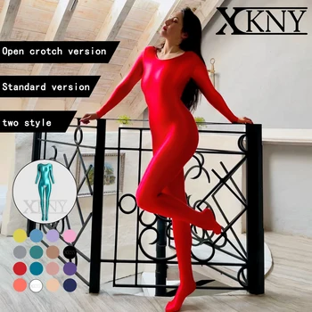 XCKNY yağ parlak tayt seksi pürüzsüz Tek Parça Cilt Bodysuit Unisex parlak pantolon Yoga Pantolon seksi kasık pantolon Spandex Zentai Takım Elbise